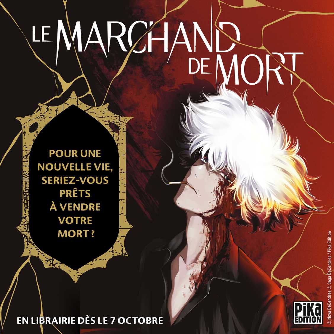 Illustration officielle de Le Marchand de Mort T01 : le personnage aux cheveux blancs et l’accroche de Pika