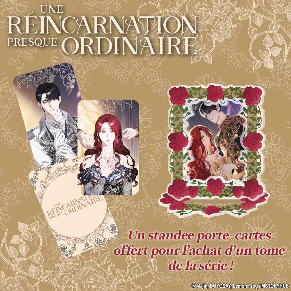 Visuel promotionnel Pika montrant le cadre acrylique porte-cartes à roses et les trois cartes Edith, Killian et Edith avec Killian