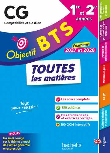 Couverture : Objectif BTS CG — Toutes les matières, Hachette Éducation, Examens 2027–2028 · 1re et 2e années