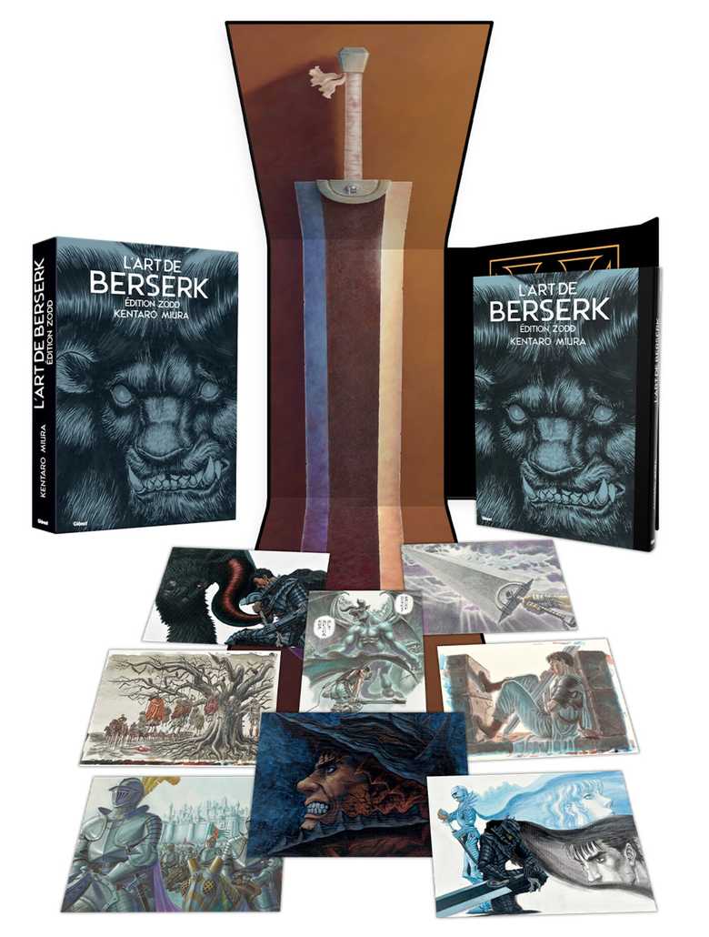 Mockup officiel de L’Art de Berserk – Édition Zodd avec présentoir et plusieurs images imprimées
