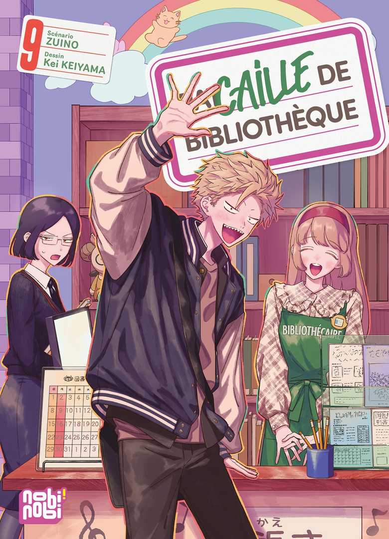 Couverture française de Racaille de bibliothèque tome 9 chez nobi nobi!, avec Ishidaira et ses collègues de bibliothèque